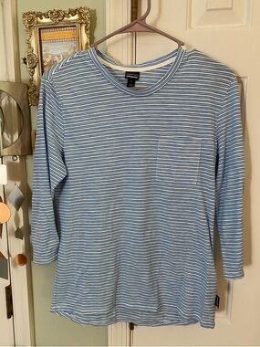 PATAGONIA 3/4 SLEEVE Blue White STRIPED MAINSTAY TOP Shirt Organic Cotton Small